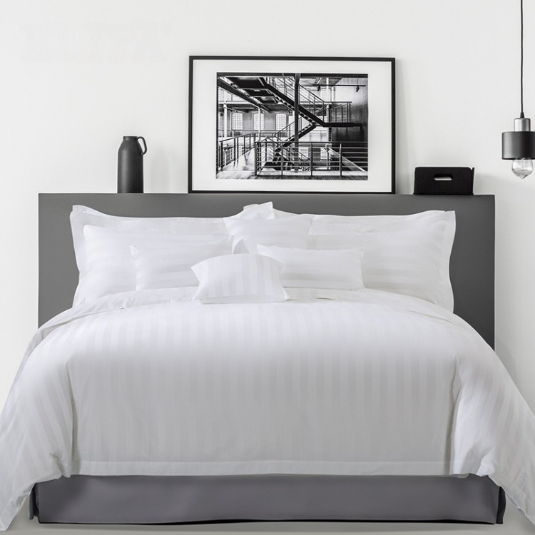Plain White 6080S 100% Cotton 3cm Stripe Hotel Bedroom Bedding Sheet Set
