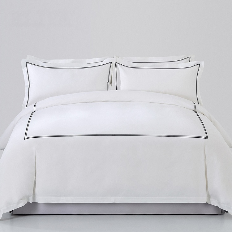 Hotel 100% Cotton White 400TC Bedding Sheet Set Black Double-Line Embroidered Duvet Cover