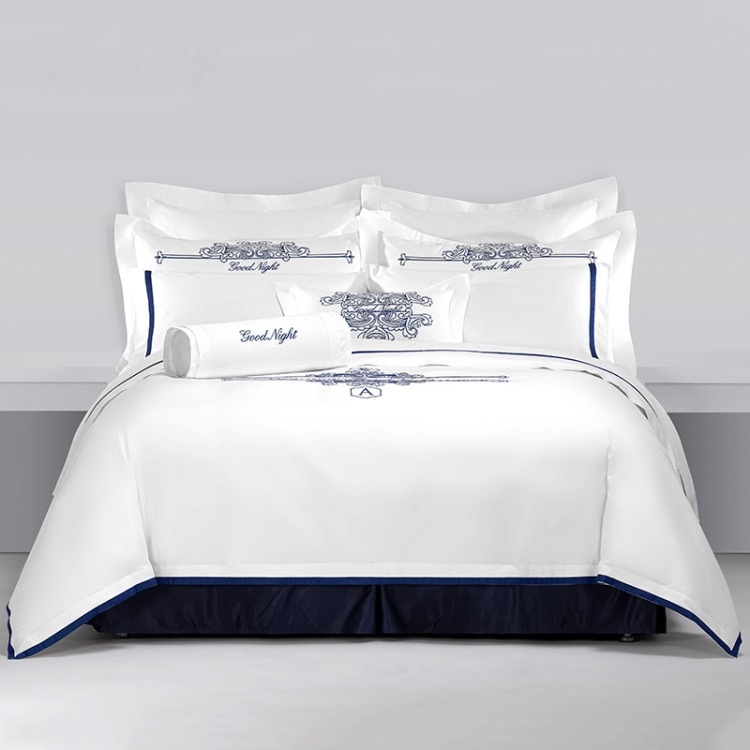 Blue Embroidery 100% Cotton Hotel Bedding Set logo Luxury 5 Star Hotel Bed Sheet Set Wholesale