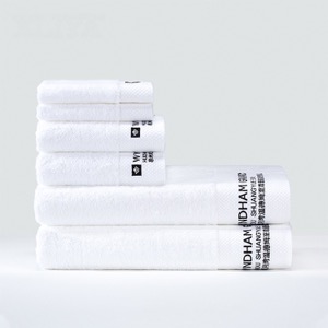 Customized Cotton Five Star Hotel Dobby Border Bath Towel Embroidered Blue Logo