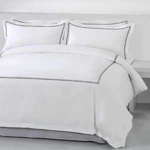 Hotel 100% Cotton White 400TC Bedding Sheet Set Black Double-Line Embroidered Duvet Cover