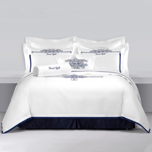 Blue Embroidery 100% Cotton Hotel Bedding Set logo Luxury 5 Star Hotel Bed Sheet Set Wholesale