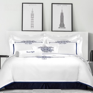 Blue Embroidery 100% Cotton Hotel Bedding Set logo Luxury 5 Star Hotel Bed Sheet Set Wholesale